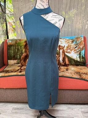 FRENCH CONNECTION Sleeveless Teal Asymmetric Neck Sheath Dress